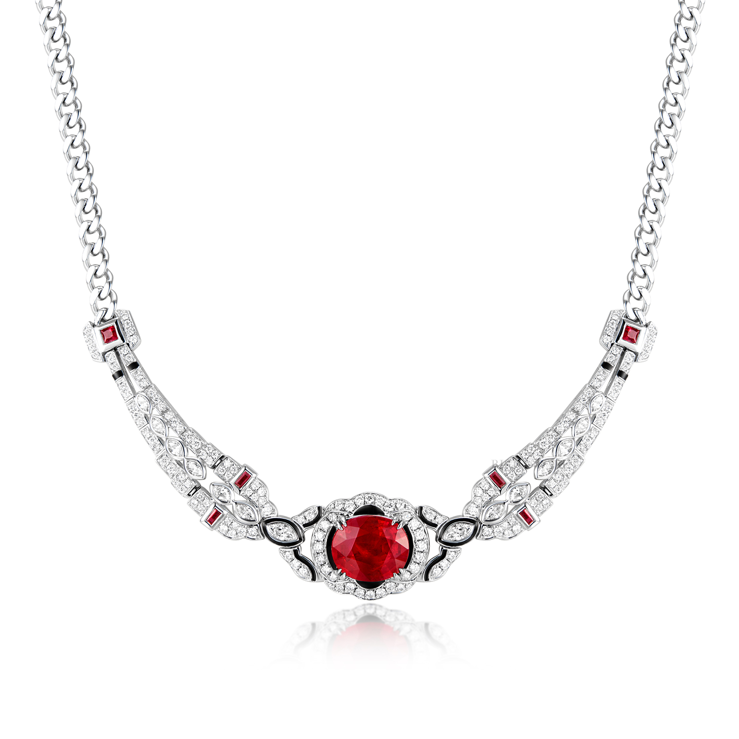 RUBY, ENAMEL AND DIAMOND NECKLACE